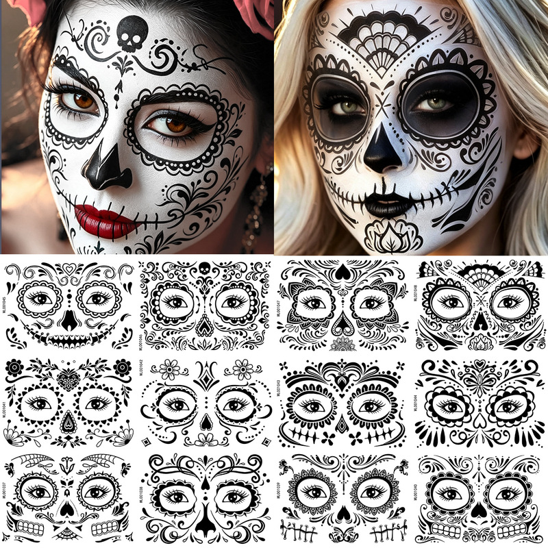 Mexican Day of the Dead Carnival Funny Transfer Black and White Tattoo Stickers with Ghost Faces and Evil Smiles, 12-Piece Set Mexican Day of the Dead Carnival Funny Transfer Black and White Tattoo Stickers with Ghost Faces and Evil Smiles, 12-Piece Set