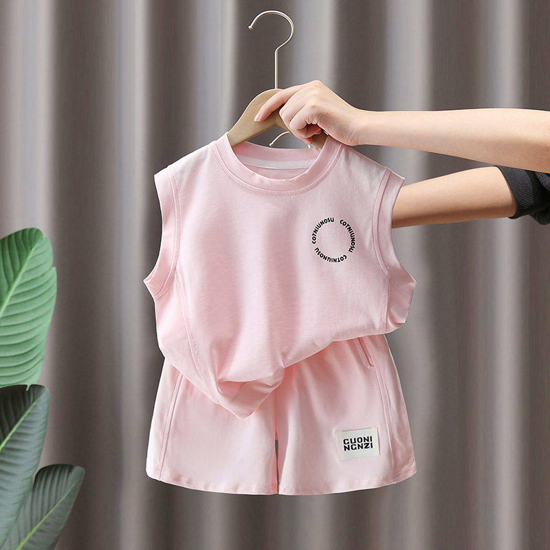 7263 Traje rosa para niños Verano 2025 Nuevos pantalones cortos sin mangas para niños Estilo de verano Deportes de dos piezas Verano