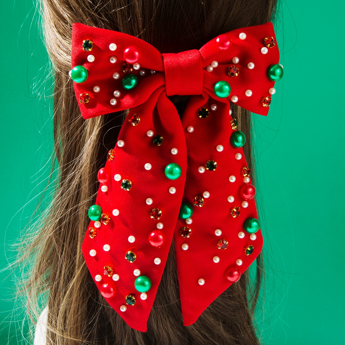Hairband headband, European-style fabric with pearls, Christmas green/red, 15×13 cm, elegant knot