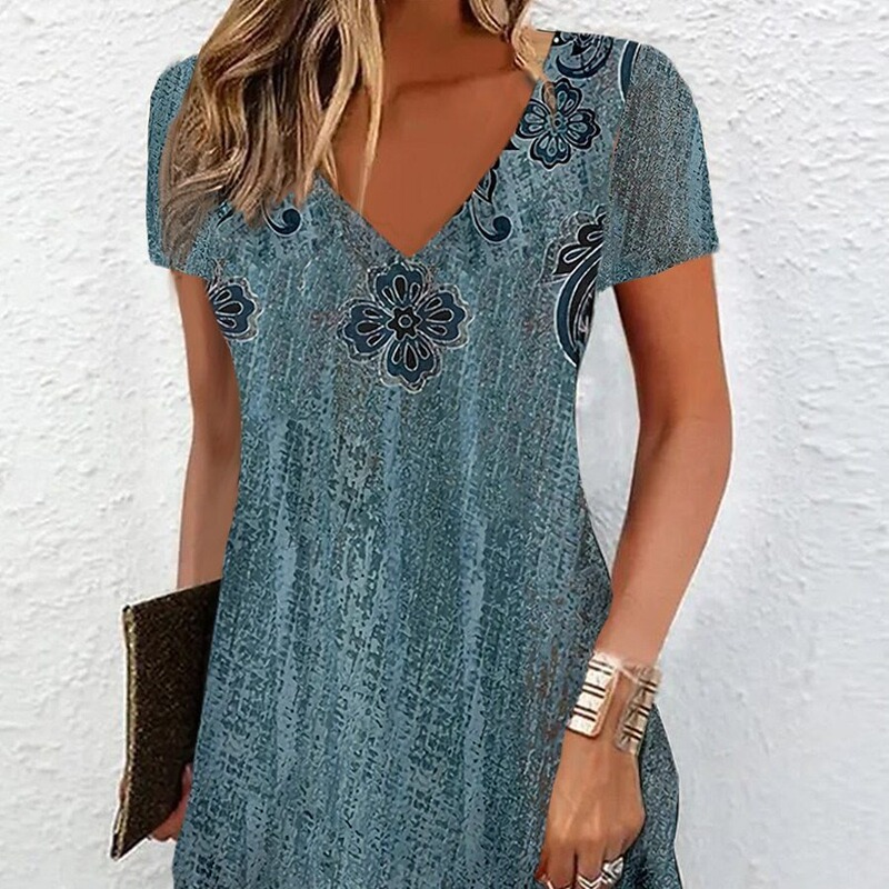 Cross-border women's summer dress printed V-neck mini dress fashion daily short sleeve black summer Spring