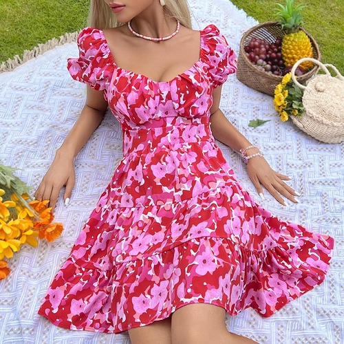Summer 2025 Sweet and Spicy Style Women's Valentine's Day Sweet Backless Hem Leaf Print Dress