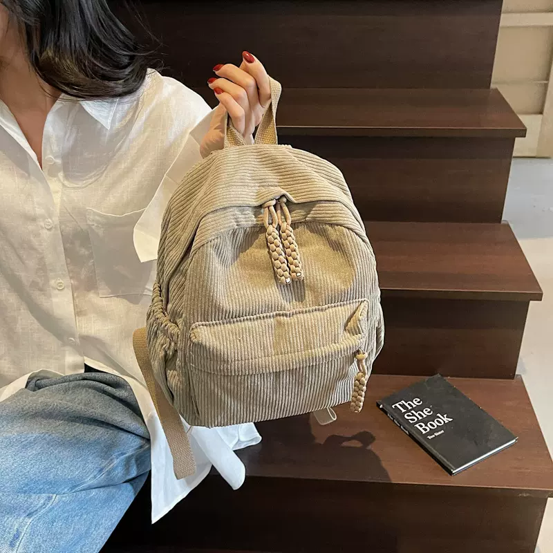 跨境热销条绒双肩包女小号2025新款时尚灯芯绒学生背包旅游小背包