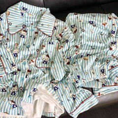 简约条纹Kitty猫睡衣女秋冬季保暖加厚套装美少女可外穿ins家居服