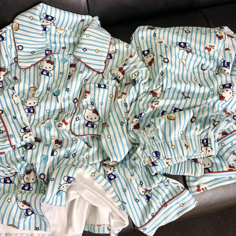 简约条纹Kitty猫睡衣女秋冬季保暖加厚套装美少女可外穿ins家居服|undefined