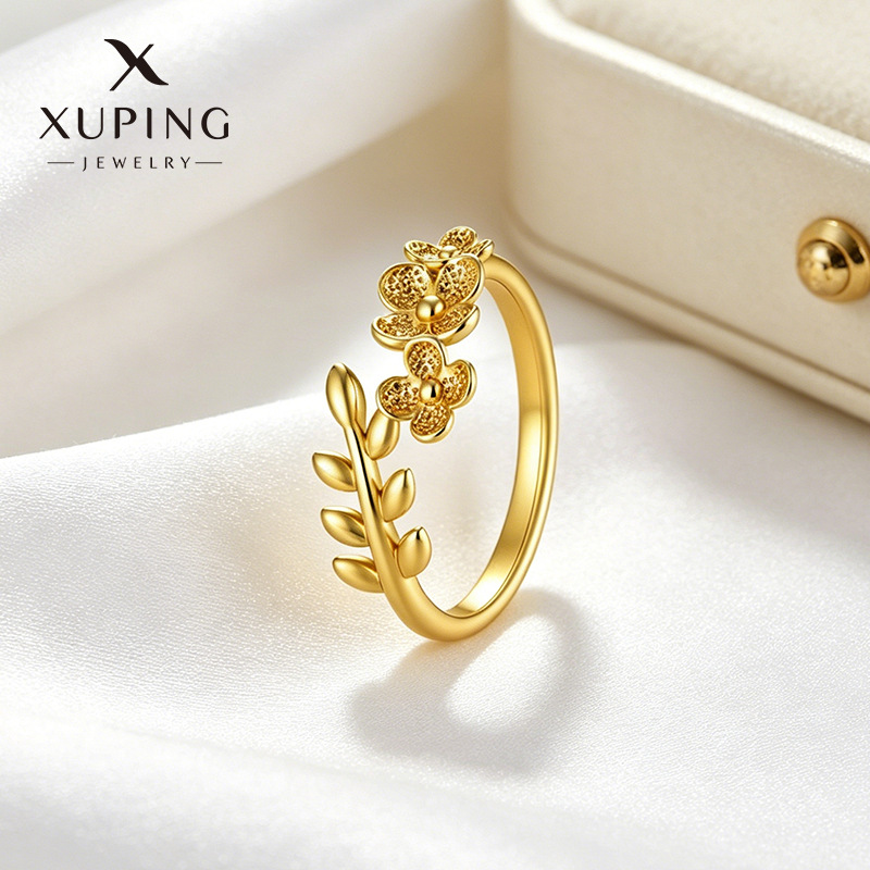 Xuping nuevo diseño de flores y hojas de sauce nuevo anillo chino chapado en aleación de cobre 24k anillo de oro ligero de lujo
