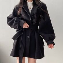 秋冬季毛呢外套女装2025新款潮宽松中长款妮子大衣小个子黑色风衣