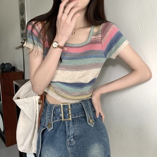 Spring and Summer Korean Style Pure Desire Square Collar Right Shoulder Contrast Striped Knitted Short-Sleeved Tops for Women