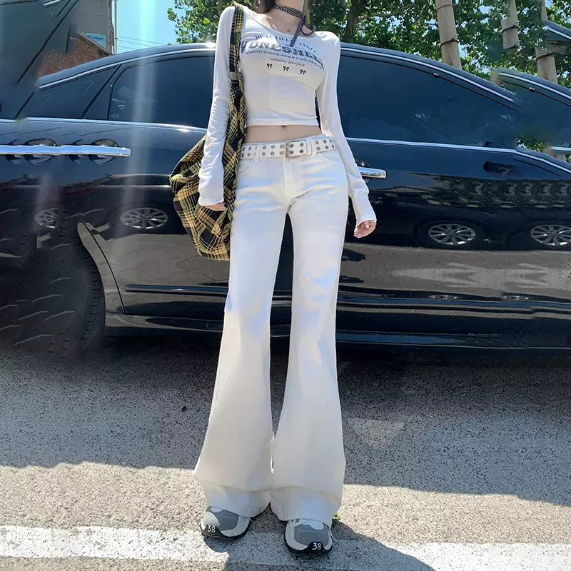 稚橘#纯色简约气质辣妹微喇牛仔裤低腰显瘦性感潮流百搭拖地长裤