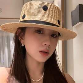 日本度假防晒草帽女夏季平顶遮阳礼帽百搭宽檐凹顶手工拉菲草帽子