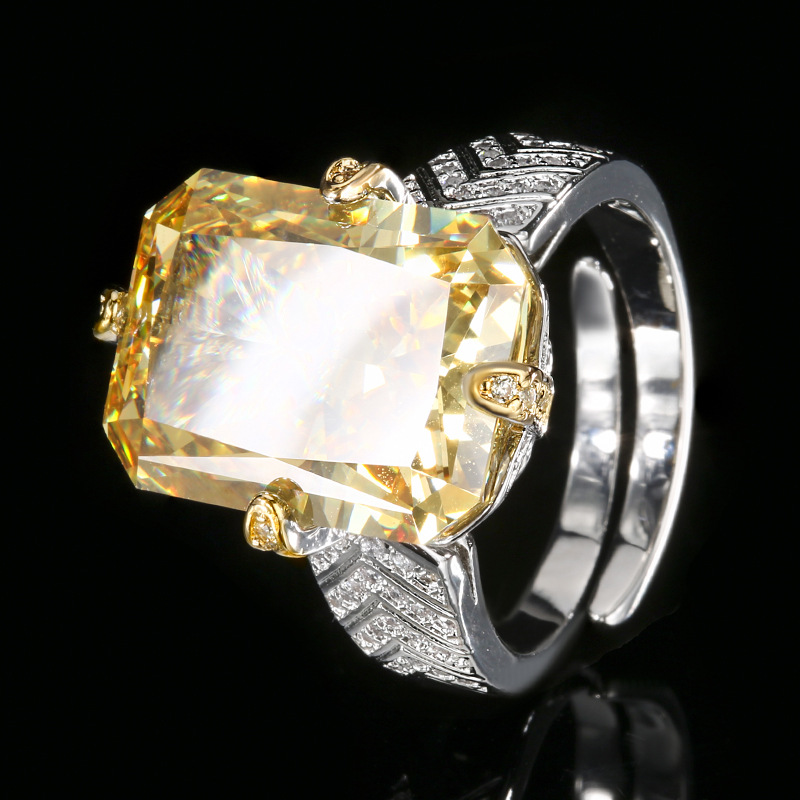 Otoño e invierno nuevo estilo Zhuangshengsheng joyería fondo de cobre chapado en oro con alto contenido de carbono diamante cuadrado flor de hielo anillo de estilo retro mujer 12*16