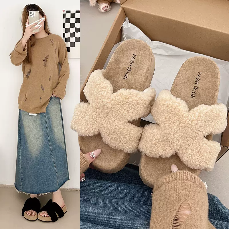 厚底交叉毛毛拖鞋女外穿2025秋冬新款休闲一字拖居家棉拖鞋