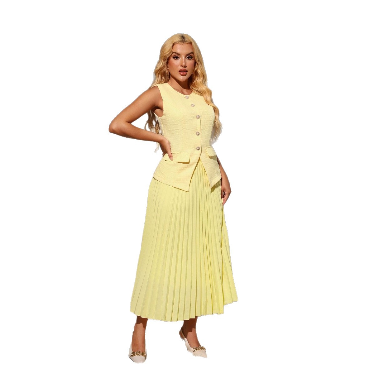 Women's Sleeveless Vest & Pleated Dress Set – Waist-Cinching Office Chic With European Elegance_ecoleips.com