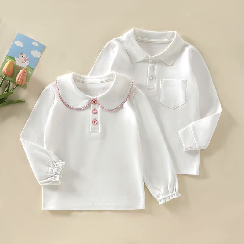 New Children's Spring and Autumn Solid Color Polo Shirt Lapel Base Shirt Cotton White Shirt Medium and Large Children's Long Sleeve T-Shirt Top