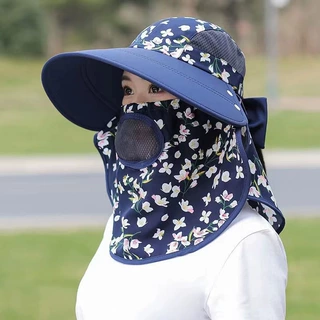夏季护脸女骑车遮阳帽采茶帽太阳帽遮脸大檐口罩防晒披肩帽网顶透