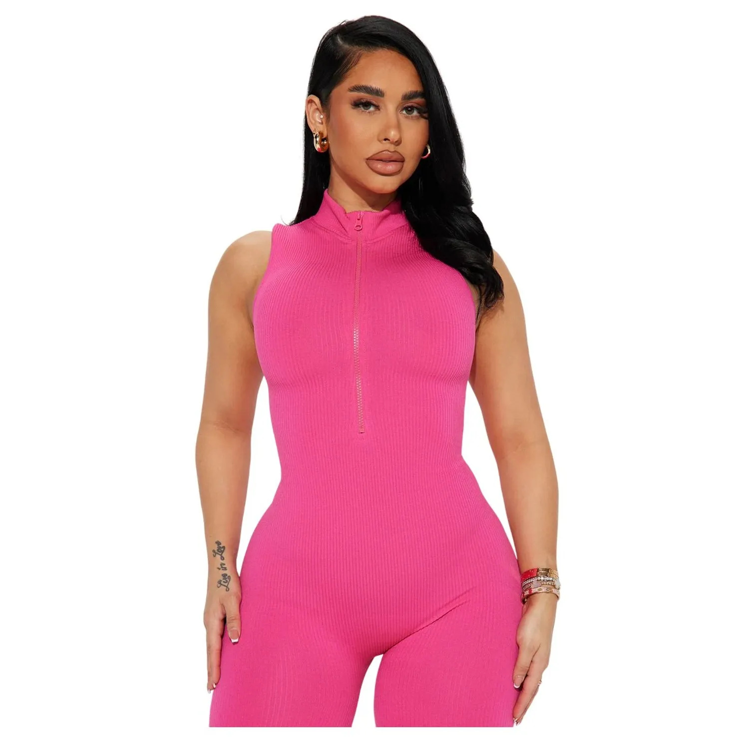 Ff1462 European and American Women's Ribbed Jumpsuit Sexy Zipper Collar Tight Long Leg Pleated Jumpsuit