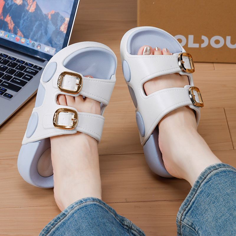 Women's Slippers Increase Height by 4.5Cm~Lazy Round Toe Double Buckle Beach Wear Birkenstock Sandals New Style Slip-On Shoes