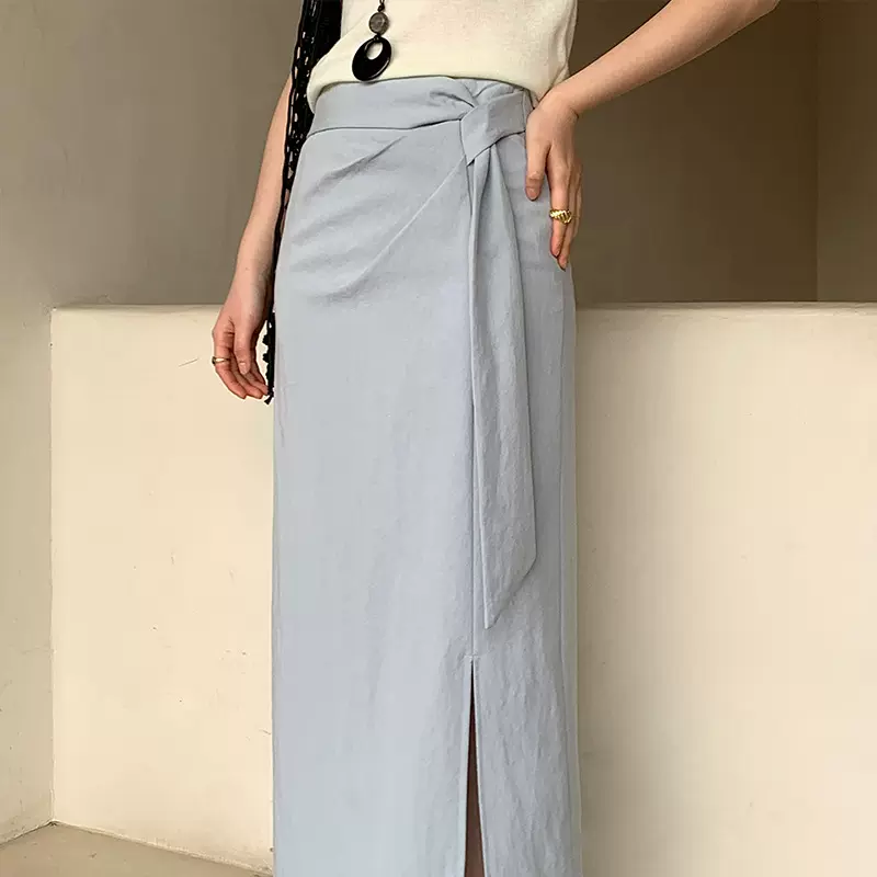 【十三行清仓不退不换】优雅气质绑带直筒裙开叉包臀半身裙29012