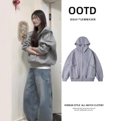 初秋の韓国スタイルグレーフード付きスウェットシャツジャケット女性のための秋 2025 超人気春服怠惰なスタイル秋カーディガン