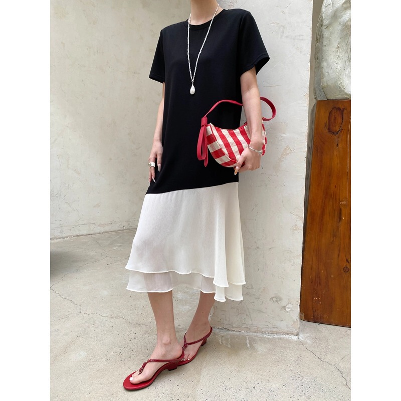 Sinnan Lazy People's Good News: Relaxed and Stylish Irregular Patchwork Loose Slimming T-Shirt Dress Sn9038