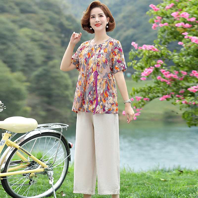 Fashion Casual Suit Women's 2024 Summer Mother's Printed Round Neck Large Size Loose Shirt Wide Leg Pants Two-piece Set