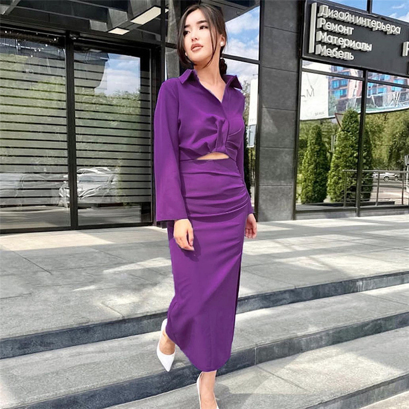 lapel slim long-sleeved shirt pleated skirt set nihaostyles clothing wholesale NSXPF85393