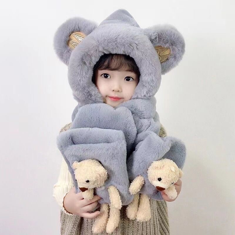 新款可爱毛绒保暖秋冬护耳帽子一体小熊冬季帽子围巾手套三件套女|undefined