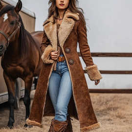 跨境欧美牛仔女式西部复古风衣毛绒秋冬时尚保暖外套