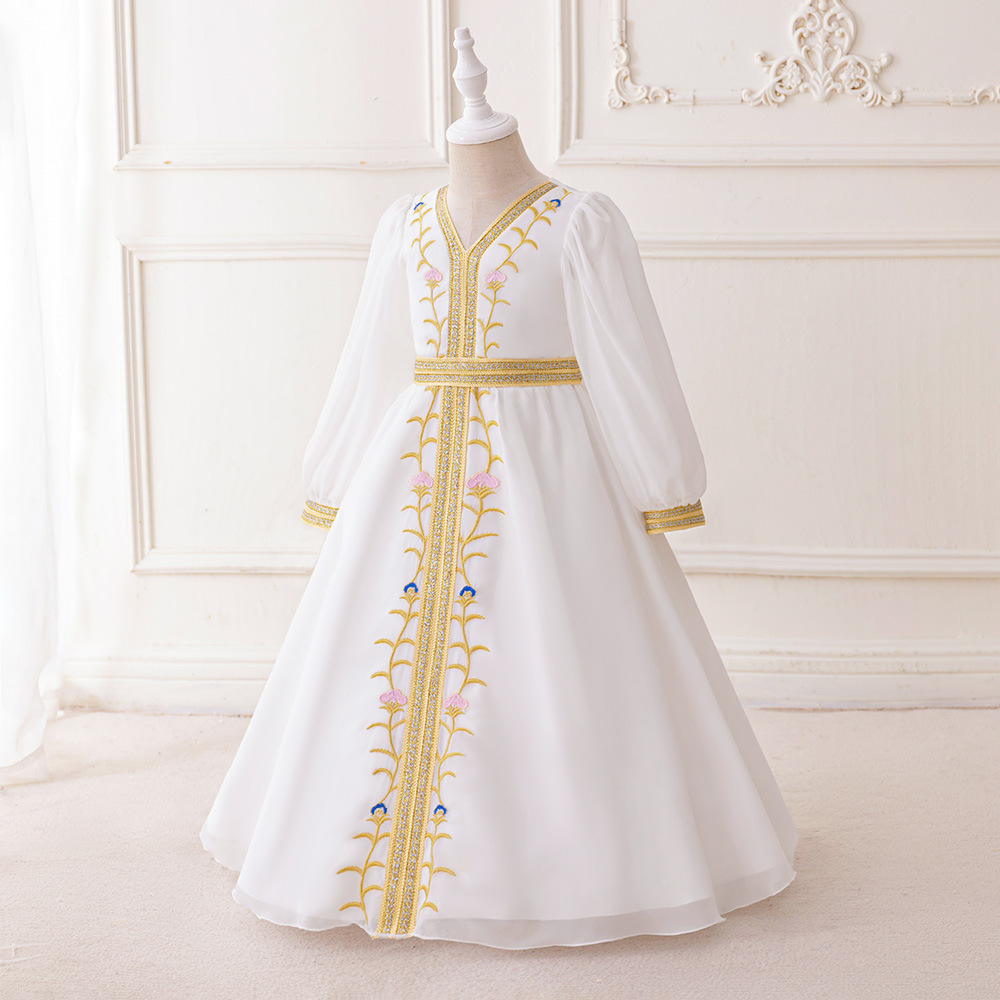 Amazon nuevo vestido infantil transfronterizo vestido vestido vestido de niñas elegantes flores de chiffon bordadas mangas largas vestido de princesa