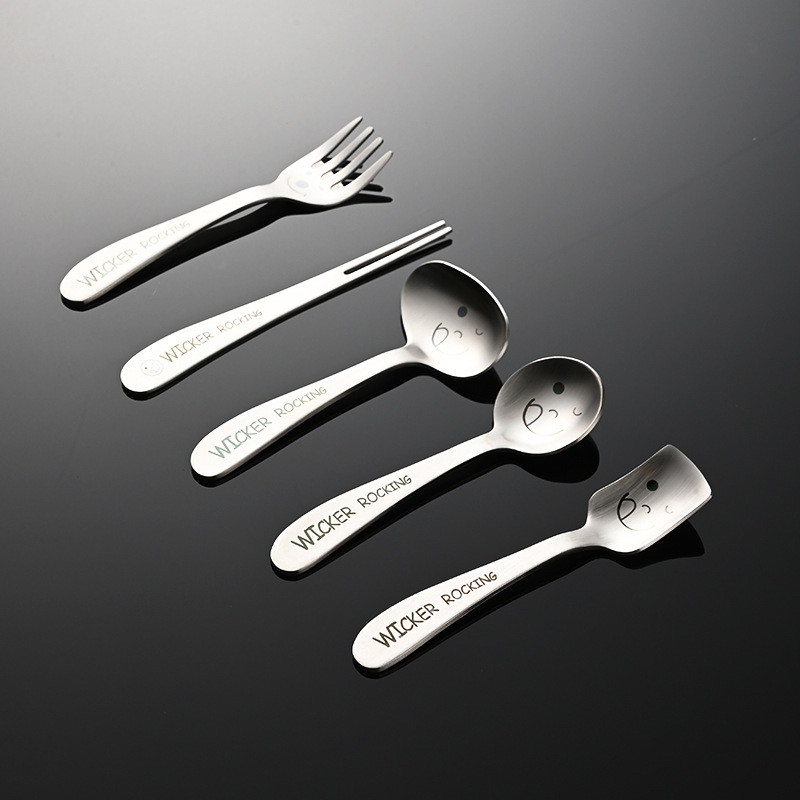 Aien 304 Stainless Steel Kidsren's Spoon and Fork Laser Smiley Spoon Round Spoon Baby Food Supplement Spoon Fork Portable Tableware