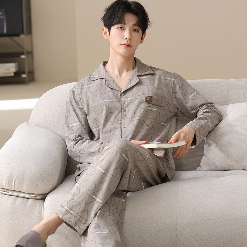Pajamas for Men Spring and Autumn New Pure Cotton Long-Sleeved Cardigan Autumn Simple Casual Thin Home Clothes Can Be Worn Outside Pure Cotton
