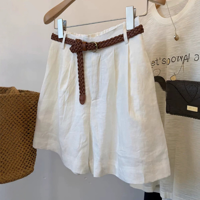 Women's exquisite old money style all-linen elastic high-waisted shorts with woven belt, slimming white casual knee-length shorts Women's exquisite old money style all-linen elastic high-waisted shorts with woven belt, slimming white casual knee-length shorts