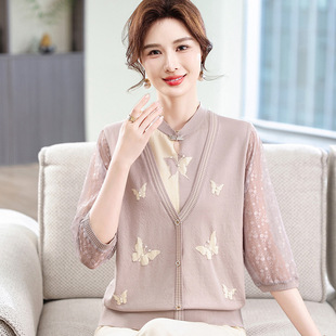 2025 Spring and Summer Jacquard Seven-point Shirt for Middle-aged and Elderly Women's Fake Two-piece Knitted Shirt
