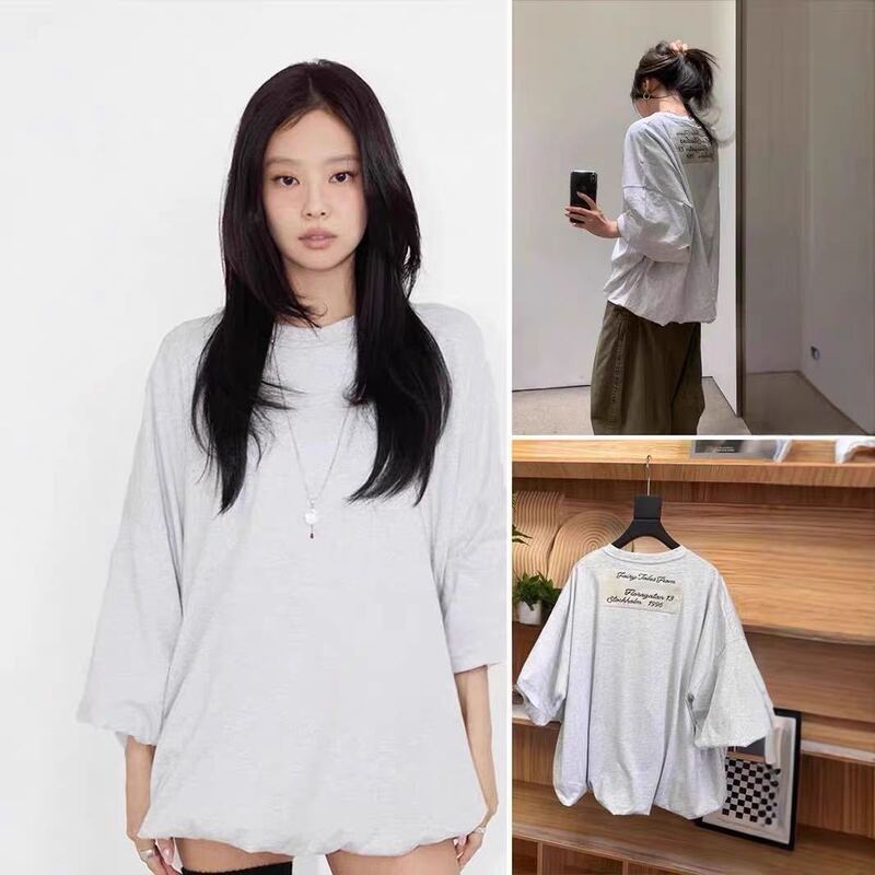Korean Jennie-Style Floral Hem T-Shirt for Women, Puff Sleeves, Fashionable Loose Fit, High-End Letter Patch Top