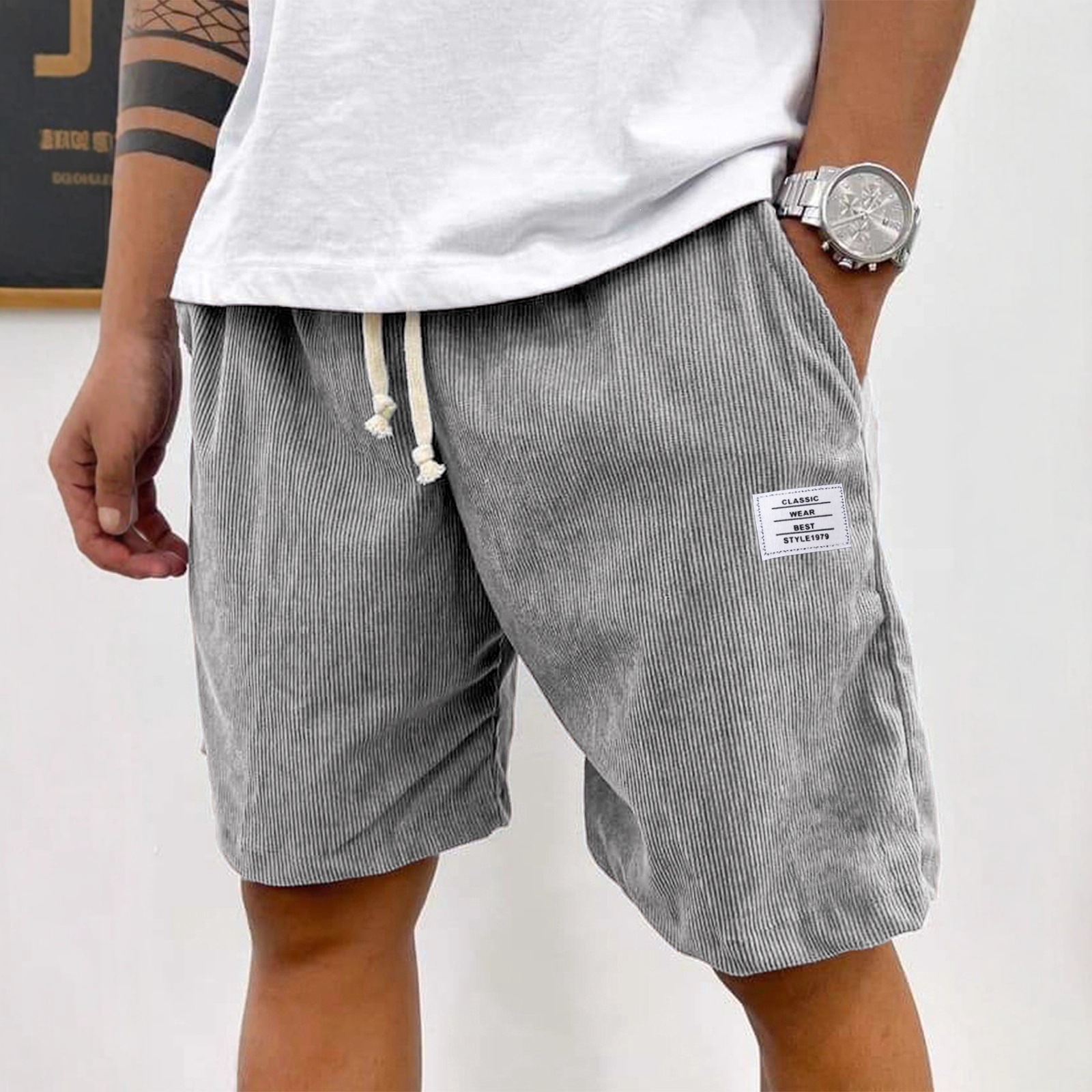Men's Casual Drawstring Shorts New Style Versatile Trendy Five Point Pants Thin Pocket White Label_viptrois.com