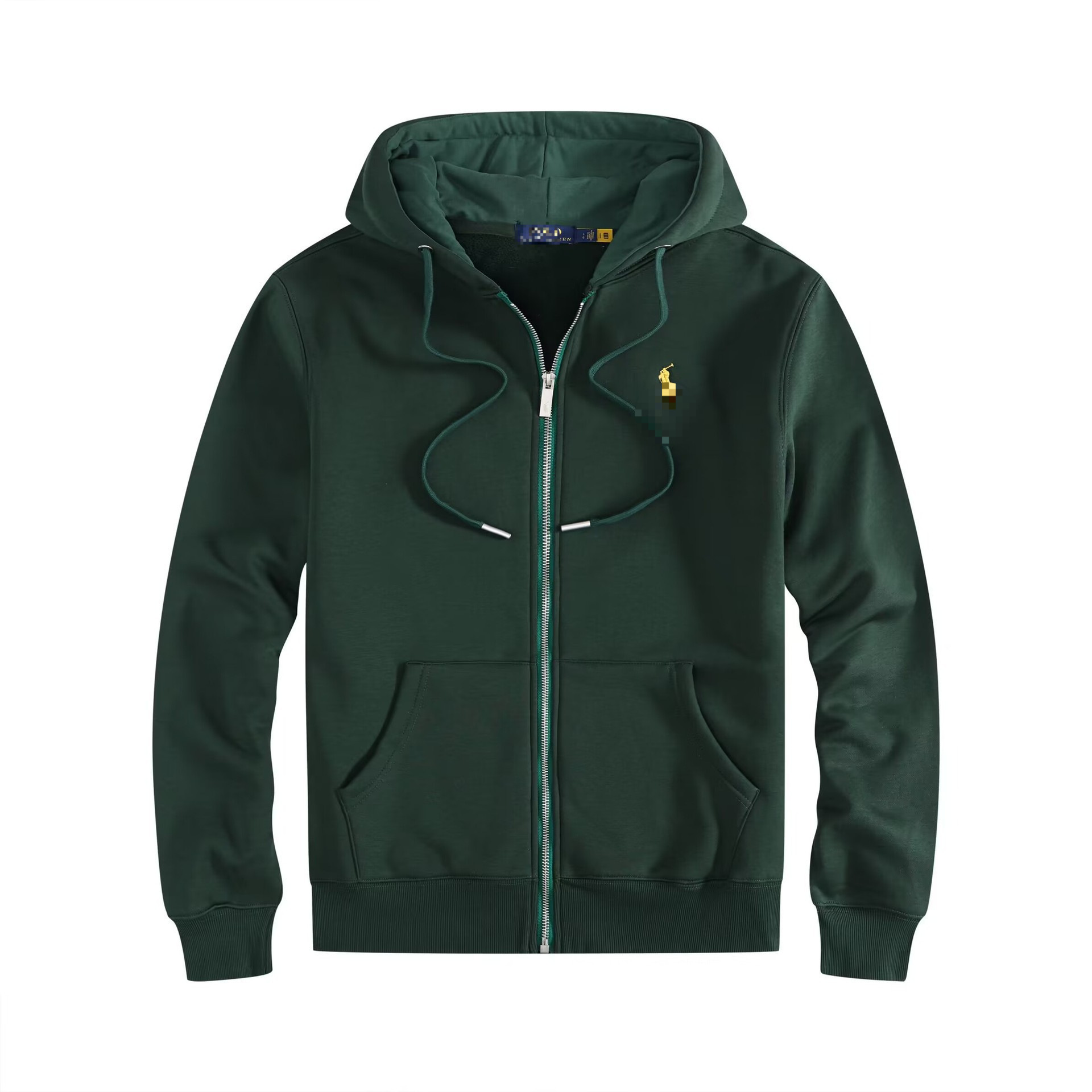 Zipper style dark green-gold label