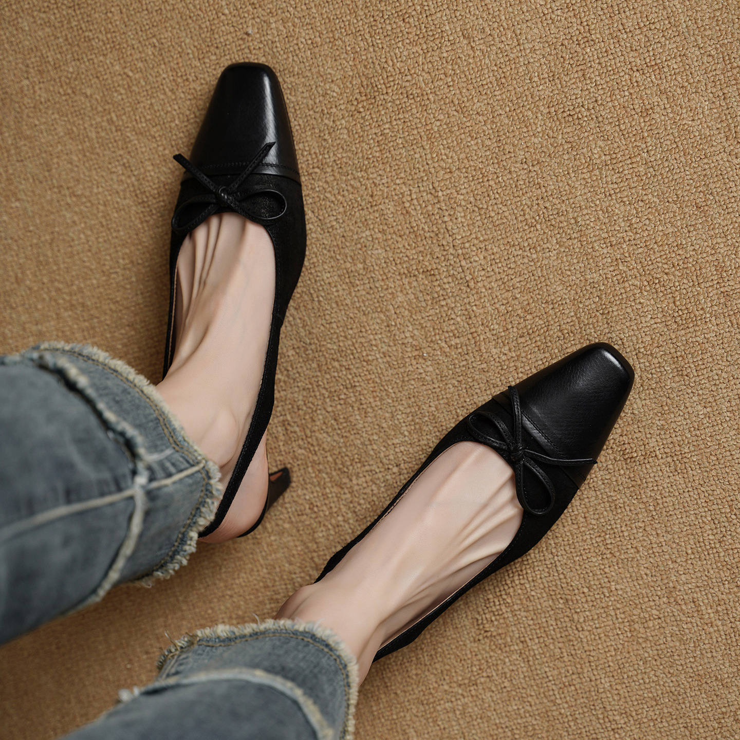 Sandal nữ da bò dệt gót 4.5 cm hở gót — màu nâu