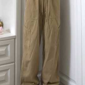 纯棉卡其色工装裤女春秋夏季新款日系复古宽松阔腿直筒休闲长裤子