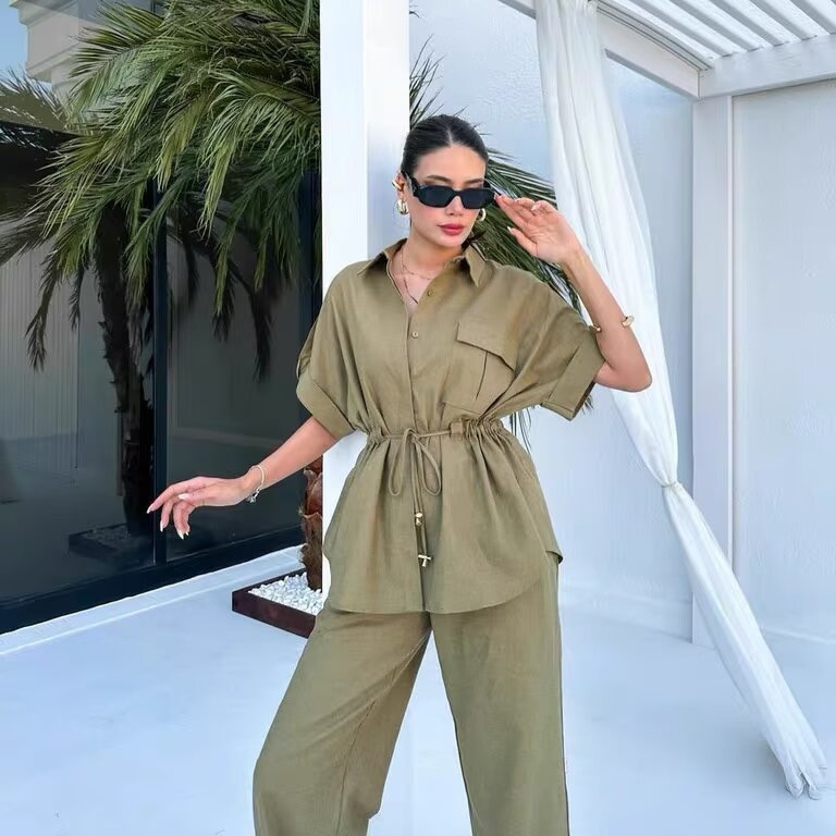 速卖通跨境外贸欧美女装2025夏季新款抽绳短袖衬衫时尚长裤两件套