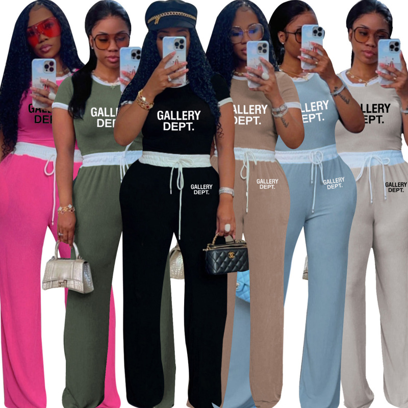 TD2777D European and American Women's Casual Street Daily Rib Color Contrast Crewneck Short-sleeved Pants suit Two-piece Set