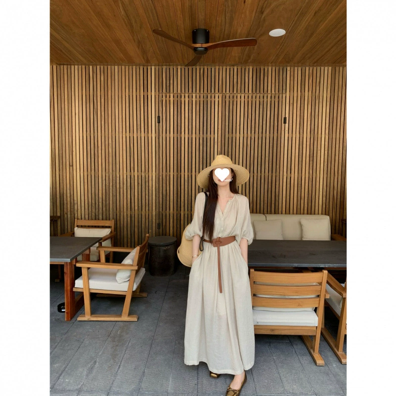 Двухсекционное пляжное платье для отдыха, летнее новое стильное женское свободное утягивающее платье средней длины, верхняя одежда для путешествий интернет-знаменитостей с поясом для женщин