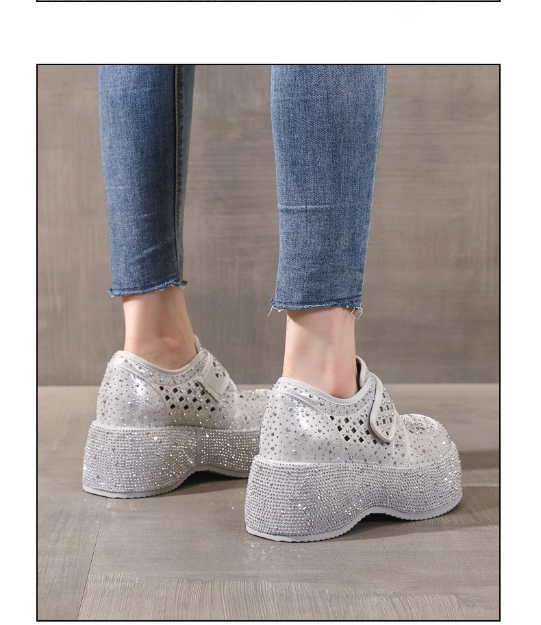 Giày sneaker nữ đế dày tăng chiều cao, phối đá rhinestone, quai magic stick, mùa hè 2026 — màu đen, bạc chi tiết 13