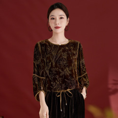 源头工厂真丝丝绒秋季新款时尚女装长袖拼接撞色设计感桑蚕丝小衫