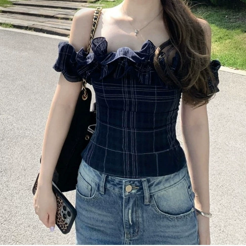 一字肩花边修身上衣女 81003藏青格纹白色其它无袖公主袖一字领