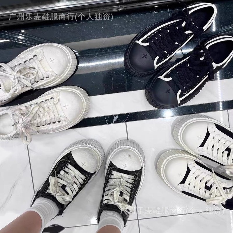高品质~十字花松糕厚底黑白色拥抱滑板鞋xsmfk复古做旧脏脏帆布鞋|undefined