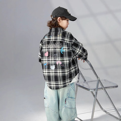 男の子用ゆったりとしたチェック柄シャツ、2025年春の新作、子供用秋服、長袖シャツ、中高生向け春秋ジャケット、トレンド