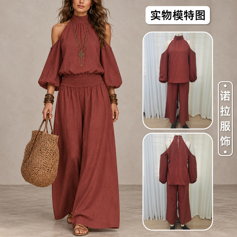 European and American Cross-Border Amazon Women's Fashion Casual Round-Neck Loose Long-Sleeve Hollow-Out Top and Gathered Long Pants Set