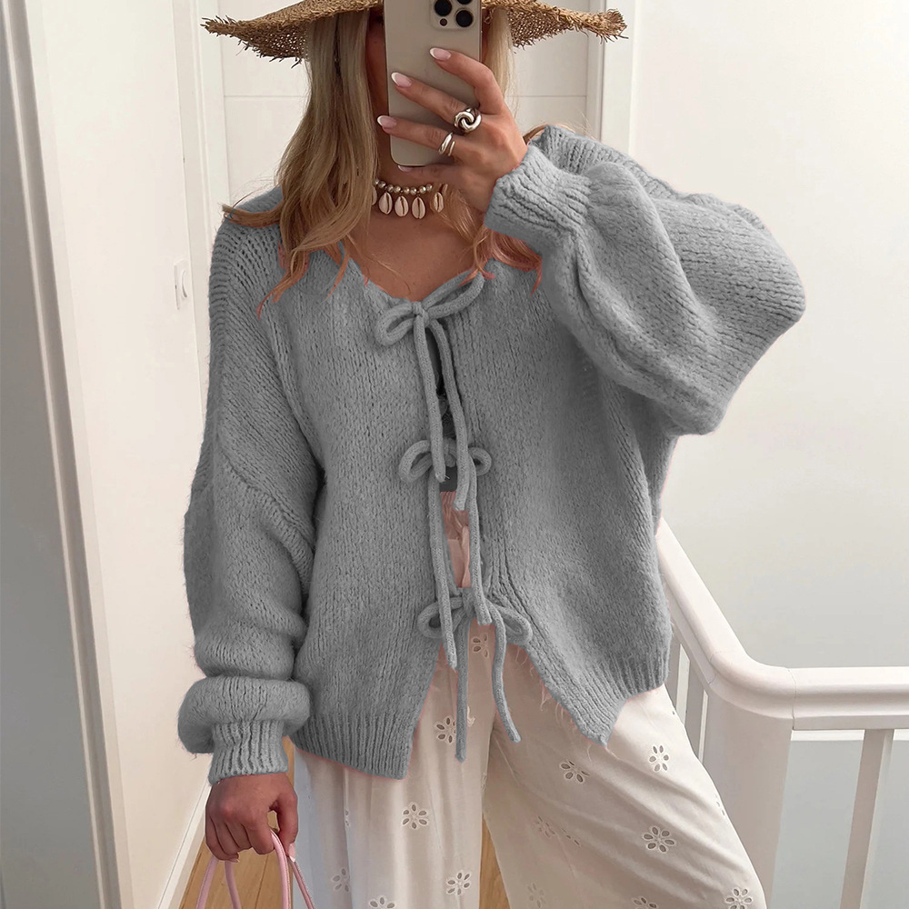 491g Weight Long Sleeve Sleeve Length Tie Placket Type Polyester Fabric Type Regular Top Length Cardigan, Sweater Tops Type Daily Occasion U Neck Neckline Loose Fit Type Solid Color Pattern Spring, Autumn Season Women's Gender Casual, Elegant Style Wholesale Women's Casual Elegant Solid Color Long Sleeve Sweaters & Cardigans 10