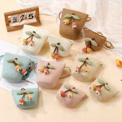 夏の海辺の子供用バッグ、スカート付きのかわいいチェリー織り、休暇用の麦わらバッグ、女の子の携帯電話のクロスボディバッグ