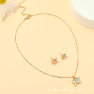 New Alloy Oil Dripping Kidsren's Jewelry Set Cartoon Butterfly Heart Necklace Earrings Ring 2-Piece Jewelry Set