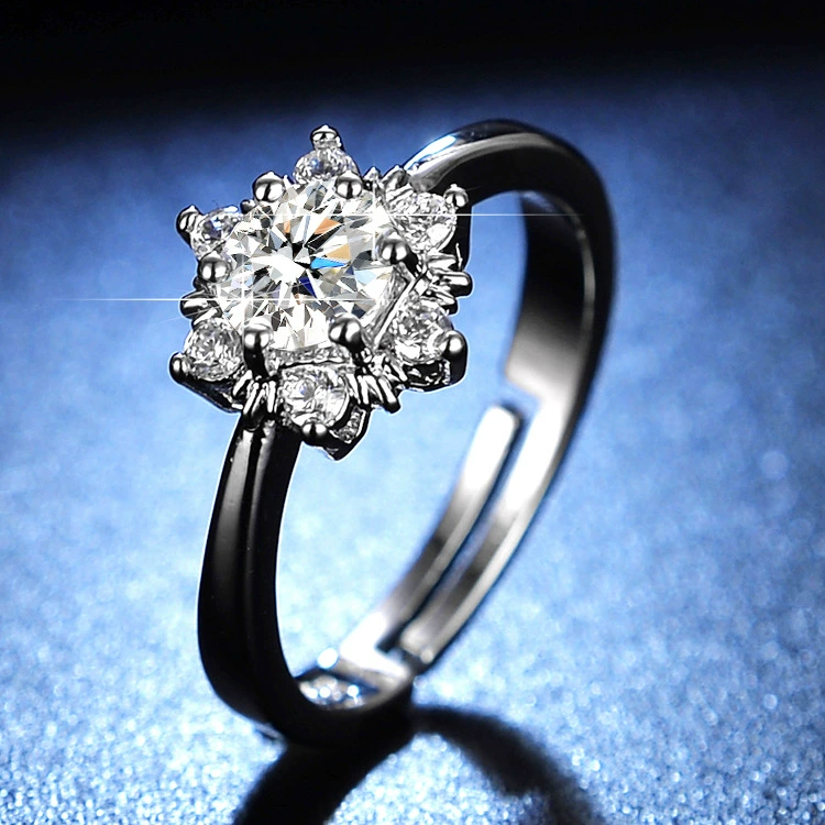Ring one carat, adjustable open band with AAA zirconia, silver-layer plating